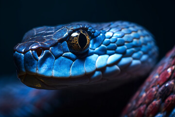 Wall Mural - Close up detailed portrait ofblue vipet snake in nature. AI generated.