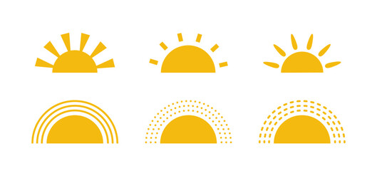 Wall Mural - Yellow half sun icons set in flat style. Sunset simple graphic symbols. Summer heat icons. Half round solar element. Vector illustration isolated on white background.