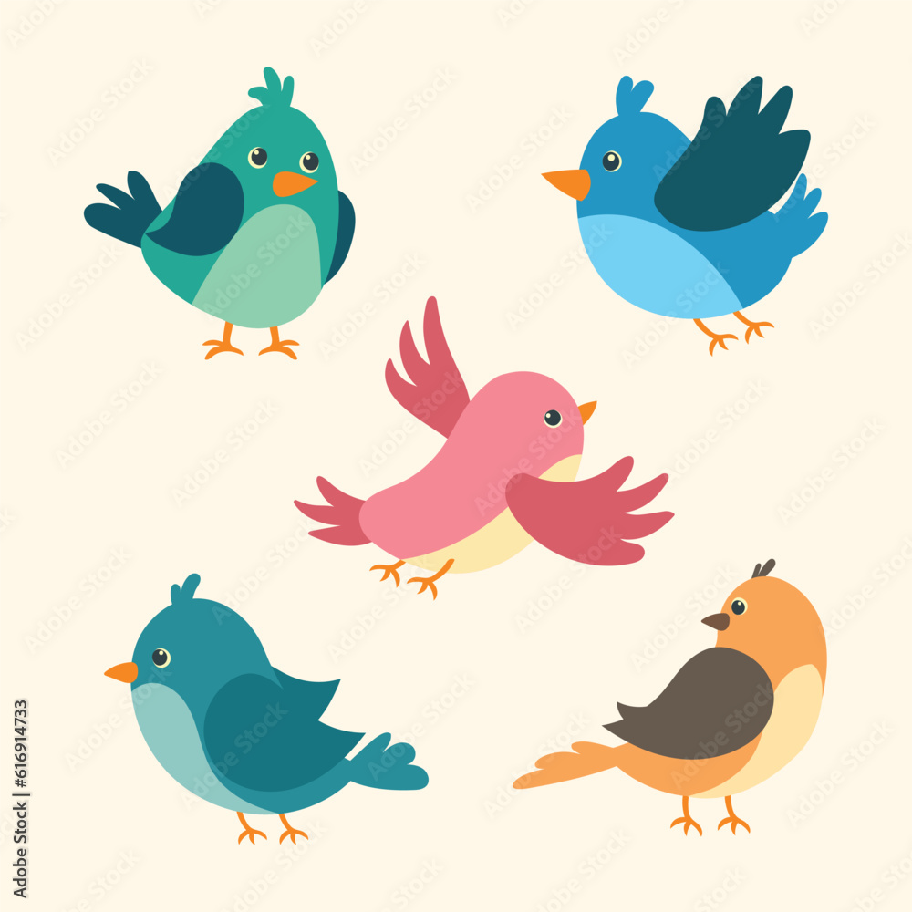 set of spring birds. vector cartoon illustration in childish style ...