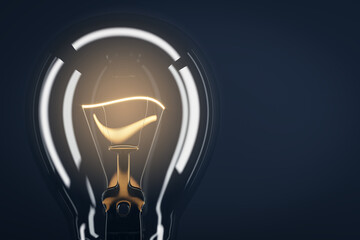 Poster - Creative glass light bulb with reflections and mock up place on dark wallpaper. Idea, success and innovation concept. 3D Rendering.