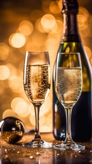  Glasses of champagne near bottle on bright background, party Christmas concept. AI generated