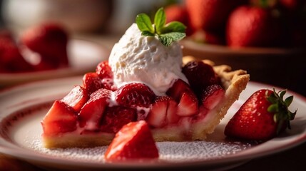 Wall Mural - Close up Slice of strawberry tart  topped with ice cream in plate on dark background, generative AI