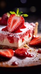 Wall Mural -  Close up slice of Strawberries cheesecake with icing sugar on wooden board. AI generated