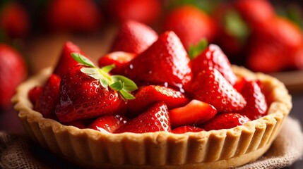 Wall Mural - Close up of Strawberries tart on wooden background. Top view. AI generated