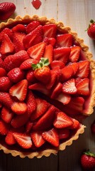 Wall Mural - Close up of Strawberries tart on wooden background. Top view. AI generated