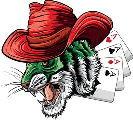 Poster - vector illustration of Tiger Cowboy with poker cards