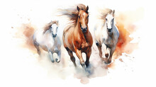 Running Horses Watercolor On A White Background Dynamics Composition Art. Generative AI