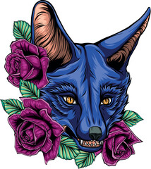 Sticker - vector illustration of fox and roses flowers