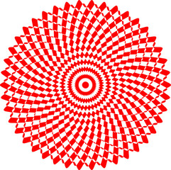 Poster - Red optical illusion swirly sphere circle with alternating strips isolated on white background. Op art surreal lines mandala art vector illustration.