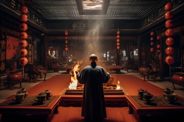 Wall Mural - An image capturing a Taoist priest engrossed in a spiritual ritual inside a temple, emphasizing the solemnity and spirituality of Taoism.