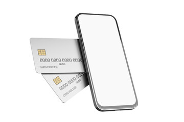 Blank smartphone screen. Online payments. Mobile payment concept. Bank card mockup with chip and smartphone. Smartphone white screen. Plastic card for online payments. 3D render.