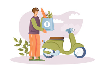 Aufkleber - Food delivery concept with people scene in the flat cartoon design. The courier is going to deliver a package of groceries. Vector illustration.