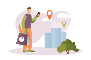 Aufkleber - Food delivery concept with people scene in the flat cartoon style. The courier arrived at the destination to deliver the food. Vector illustration.