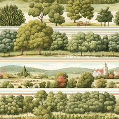 Seamless pattern, English country style print for wallpaper, wrapping paper, scrapbook, fabric and product design, countryside nature and landscape, generative ai