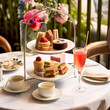© Anna Studio - Afternoon tea in the restaurant garden, English tradition and luxury service, tea cups, cakes, scones, sanwiches and desserts, holiday table decor and afternoon tea stand, generative ai