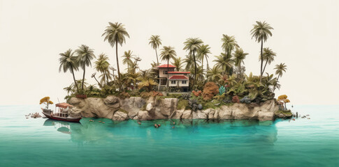 Poster - small tropical island with palm trees in the middle of the ocean extreme closeup. generative ai