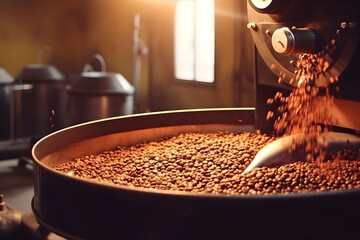 Canvas Print - A dynamic photograph of coffee beans being roasted, with the beans in mid-air and motion blur emphasizing the process.