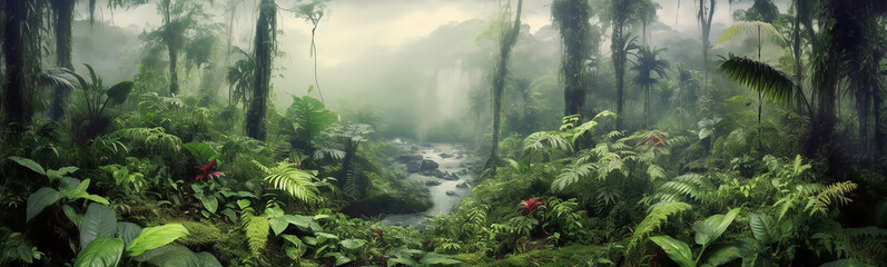 Wall Mural - panorama of the rainforest tree tops in the fog. Generative AI