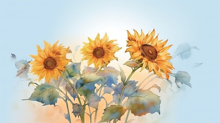  sunflowers watercolor on a white background, summer flowers. generative ai