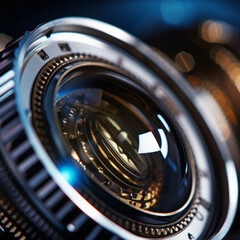 Aufkleber - A close-up photograph of a camera lens with a shallow depth of field, showcasing its intricate glass elements and precise construction. Generative AI technology.