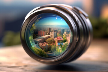 Aufkleber - A reflective photograph of a camera lens capturing the surrounding environment, reflecting the beauty and diversity of the world we see through the lens.  Generative AI technology.