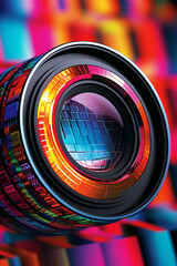 Aufkleber -  An abstract representation of a camera lens using geometric shapes and patterns, creating a visually intriguing and modern image.  Generative AI technology.
