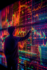 Leinwandbilder -  A photograph of a trader pointing at specific lines on a stock market chart, emphasizing the importance of analysis and strategy in making investment decisions.  Generative AI technology.