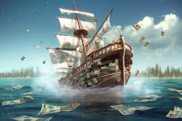 Poster -  An illustration of a sinking ship with a dollar sign on its sail, representing the sinking value of the currency and economic instability.  Generative AI technology.
