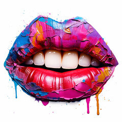 Aufkleber -  An abstract mixed media artwork of lips created with layers of acrylic paint, textures, and collage materials, adding depth and tactile qualities.  Generative AI technology.