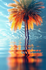 Poster -  An experimental photography of abstract palm tree reflections captured in water or glass surfaces, resulting in distorted and mesmerizing imagery.  Generative AI technology.