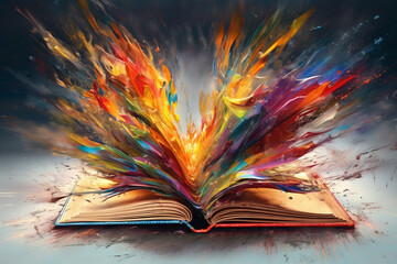Poster - An abstract painting of a book with vibrant and expressive brushstrokes, symbolizing the power of imagination.  Generative AI technology.