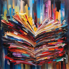 Poster - A mixed-media artwork combining abstract painting techniques with actual pages from books, blending visual artistry with textual narratives.  Generative AI technology.