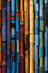 Poster -  A mixed-media collage of abstract book spines arranged in a dynamic composition, each spine reflecting a different theme or genre.  Generative AI technology.