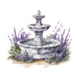 Watercolor illustration of fountain with lavender