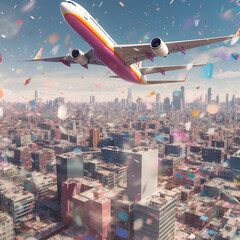 Poster - A digital composition of abstract airplanes against a backdrop of cityscape or iconic landmarks, symbolizing the connection between air travel and urban exploration. Generative AI technology.