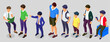 Modern boys in different poses and outfits, a boy's clothing fashion illustration. Isometric view.