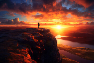 Poster -  A photograph capturing the silhouette of a person standing at the edge of a cliff, gazing at a breathtaking sunset, symbolizing the hope and awe-inspiring beauty of nature.  Generative AI technology.