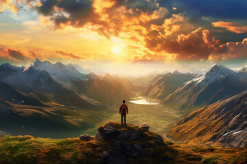 Poster -  An illustration of a person standing on a mountaintop, looking out at a vast and majestic landscape, representing the feeling of hope and the possibilities that lie ahead.  Generative AI technology.
