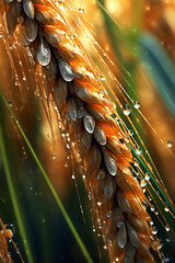 Aufkleber -  A macro photograph of wheat ears covered in morning dew, capturing the freshness and vitality of the grain.  Generative AI technology.