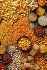 Aufkleber -  A flat lay photograph of various maize corn products, including cornmeal, popcorn, and cornflakes, reflecting the versatility of maize as a food ingredient.  Generative AI technology.