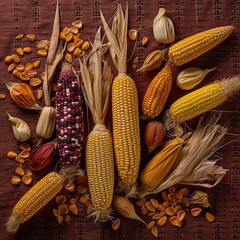 Aufkleber - A flat lay composition of maize corn husks and dried corn cobs, symbolizing the autumn harvest season and the preservation of agricultural traditions.  Generative AI technology.
