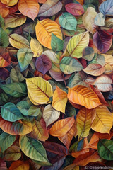 Aufkleber -  An abstract mixed-media artwork combining painting and collage techniques, incorporating actual leaves and natural elements to create a textured and layered composition. Generative AI technology.