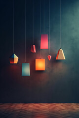 Poster - A series of geometric-shaped pendant lights, casting intriguing shadows and creating an atmospheric ambiance in any space.  Generative AI technology.