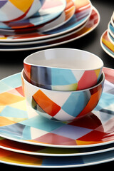 Poster - A set of geometric-inspired tableware, with plates, bowls, and serving dishes featuring geometric patterns, adding a touch of modern elegance to your dining experience.  Generative AI technology.