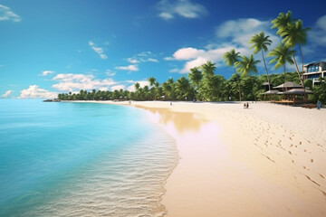 Poster - A picturesque beach with crystal-clear turquoise waters and white sandy shores, inviting travelers to relax and enjoy a tropical paradise.  Generative AI technology.