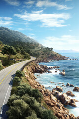 Poster - A panoramic photograph of a coastal road with breathtaking ocean views, capturing the harmony between the road and its natural surroundings.  Generative AI technology.