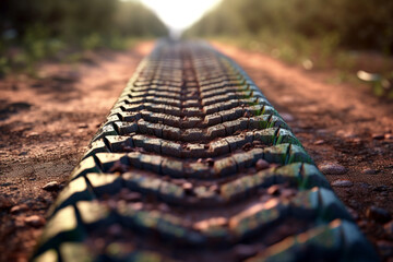 Aufkleber - A close-up photograph of tire tracks on a dirt road, capturing the ruggedness and authenticity of off-road adventures. Generative AI technology.