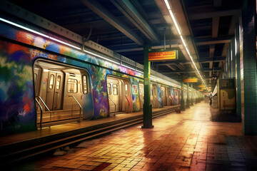 Aufkleber - An atmospheric photograph of an underground subway station, capturing the hustle and bustle of commuters and the vibrant energy of urban life.  Generative AI technology.