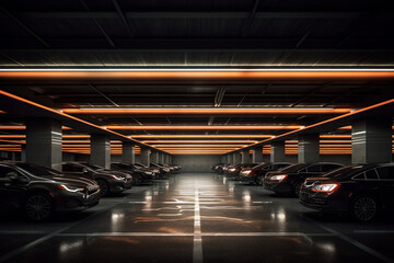 A conceptual photograph of an underground parking garage, with rows of cars and dimly lit surroundings,  Generative AI technology.