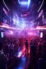 Poster - A night photograph of an underground music venue or club, with vibrant lights and a lively crowd,  Generative AI technology.